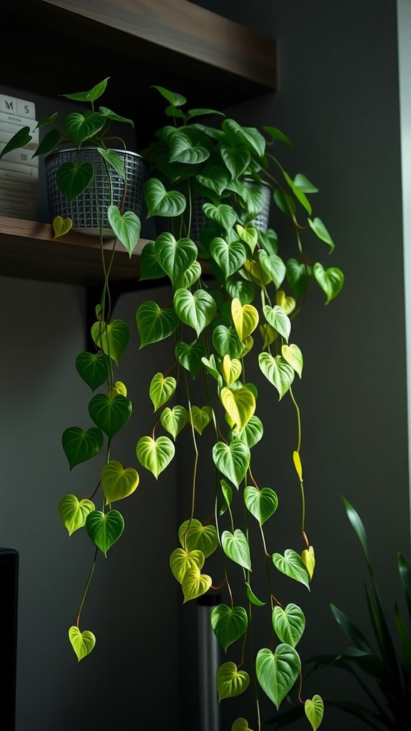Pothos plant with heart-shaped leaves cascading down from a shelf in a low light setting.