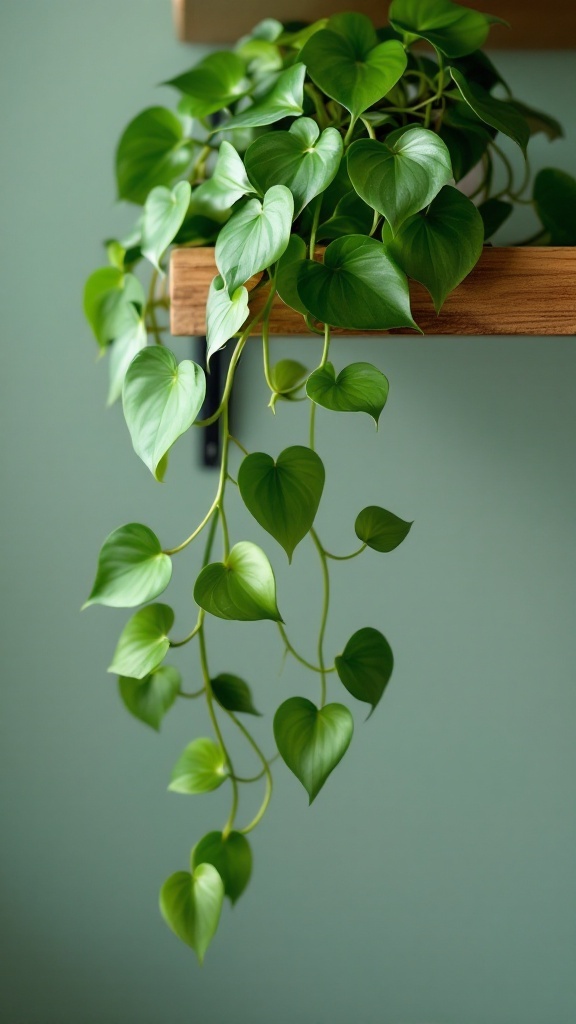 A lush green Pothos plant with heart-shaped leaves, cascading elegantly from a wooden shelf against a soft green wall.