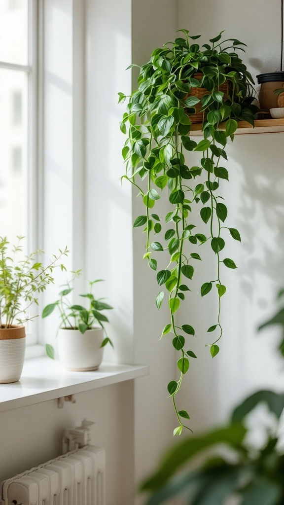 A lush pothos plant with trailing vines is displayed in a bright apartment setting.