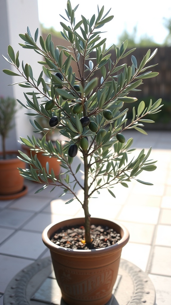 A potted olive tree with lush green leaves and small olives, sitting in sunlight on a patio.