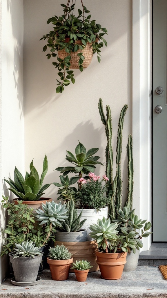A collection of potted succulents in various sizes and colors arranged neatly in a corner of a porch.