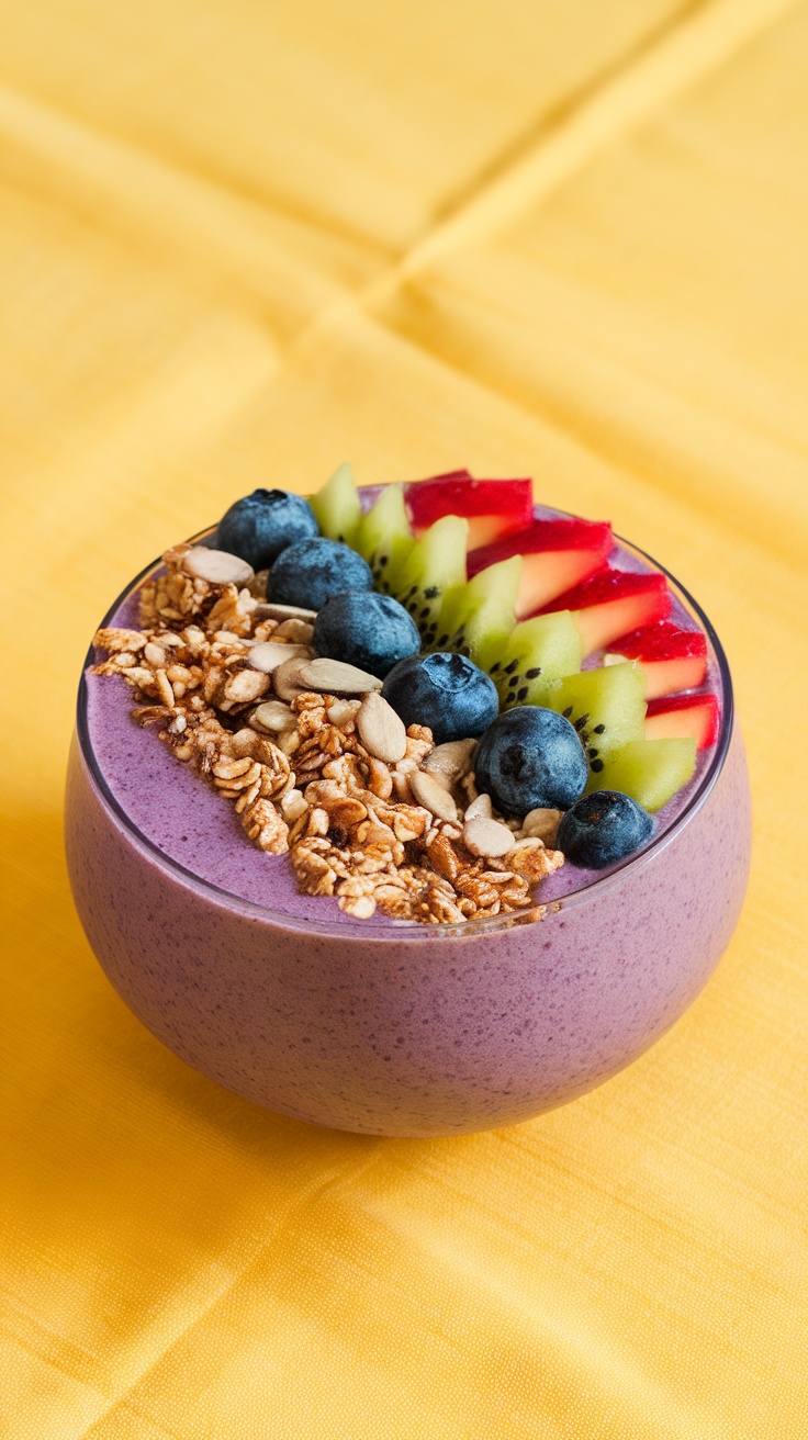 A vibrant smoothie bowl topped with granola and fresh fruits.