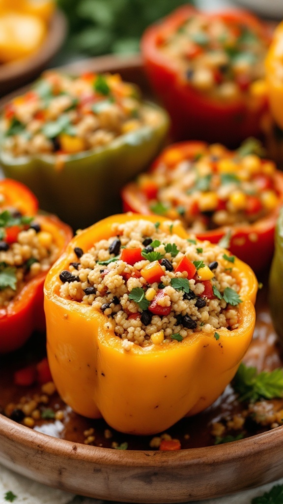 Colorful quinoa-stuffed bell peppers on a wooden plate, showcasing a healthy and vibrant dish.