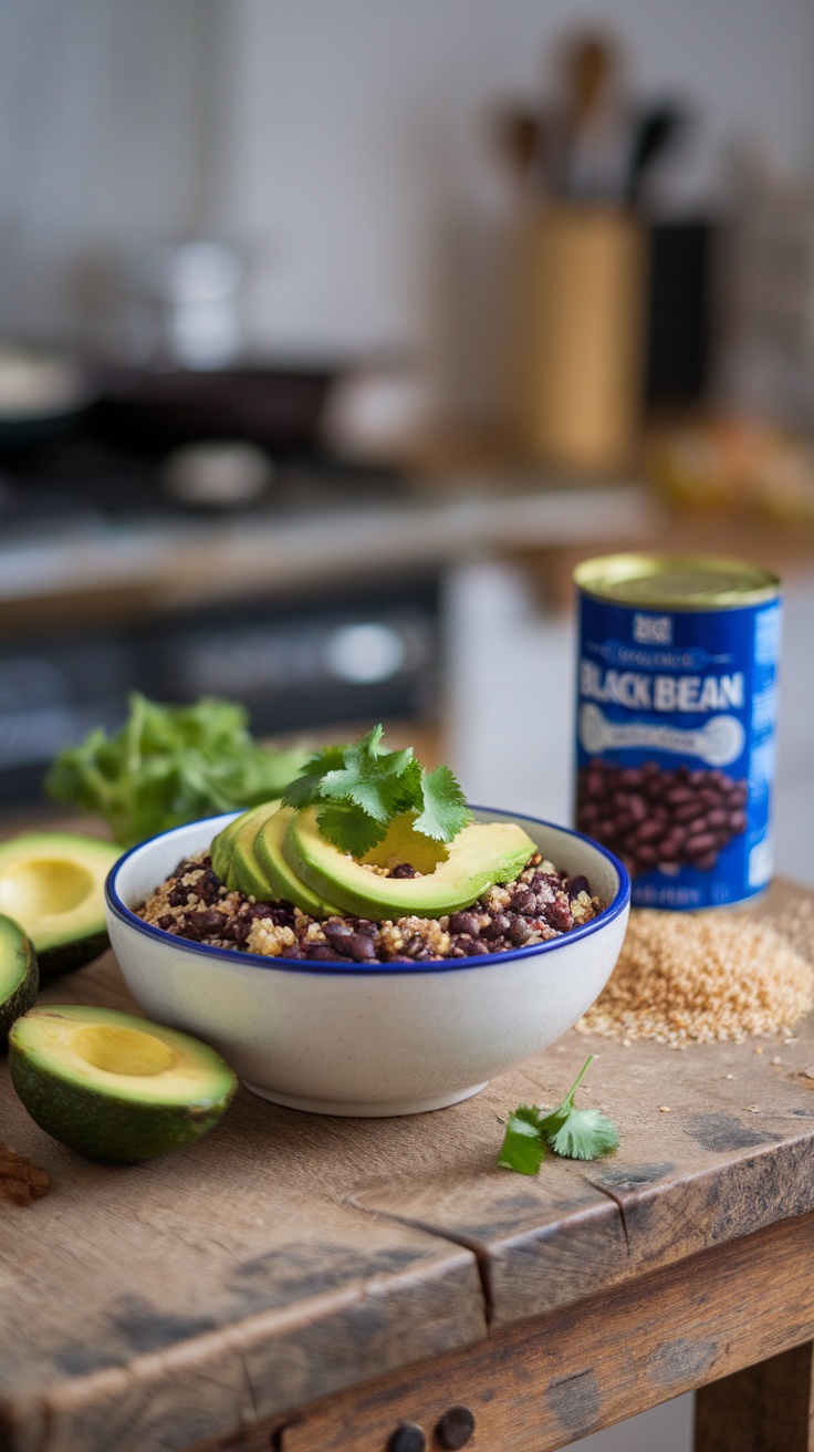 A bowl filled with quinoa, black beans, and avocado slices, garnished with cilantro.