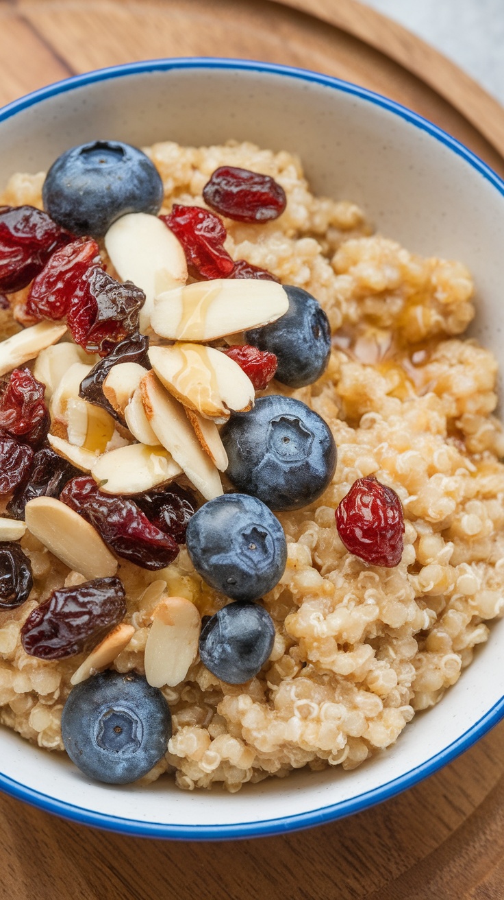 A bowl of quinoa topped with blueberries, cranberries, and sliced almonds.