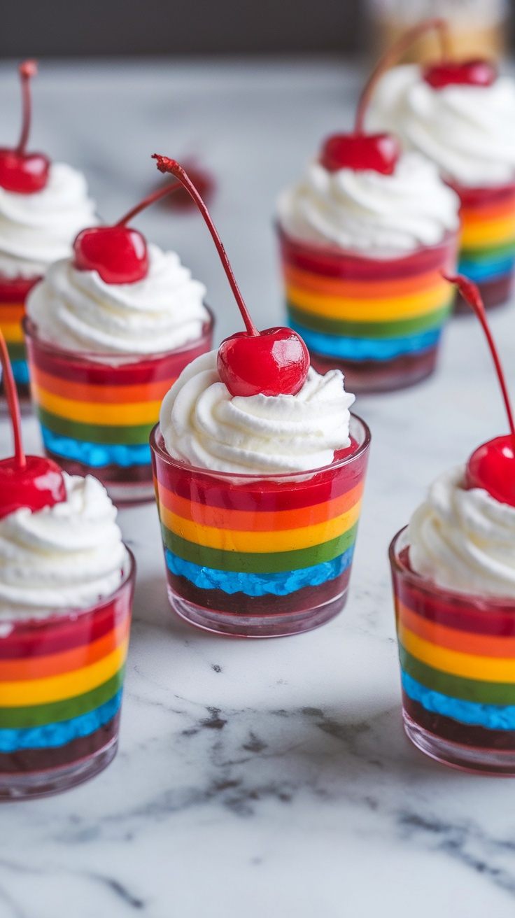 Colorful rainbow jelly cups with whipped cream and cherries on top.