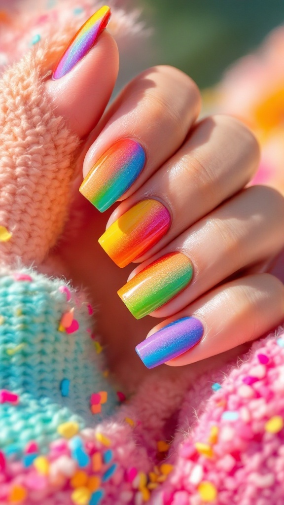 Colorful rainbow nails in a lively market setting.