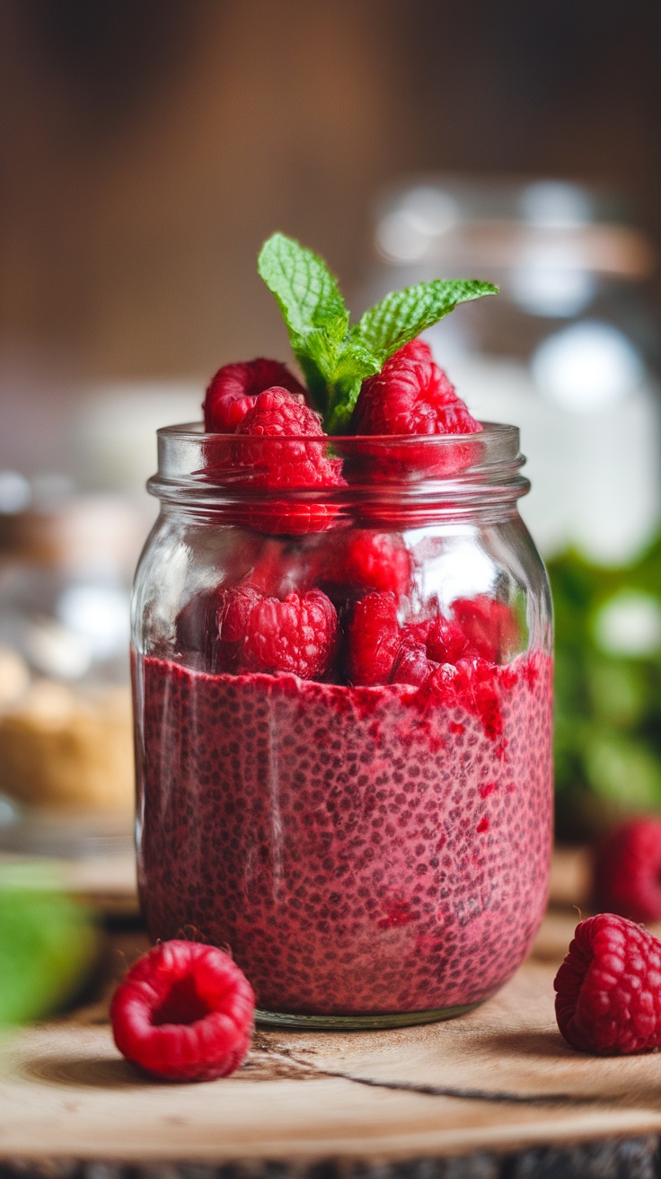 A jar of raspberry chia seed pudding topped with fresh raspberries and mint leaves.