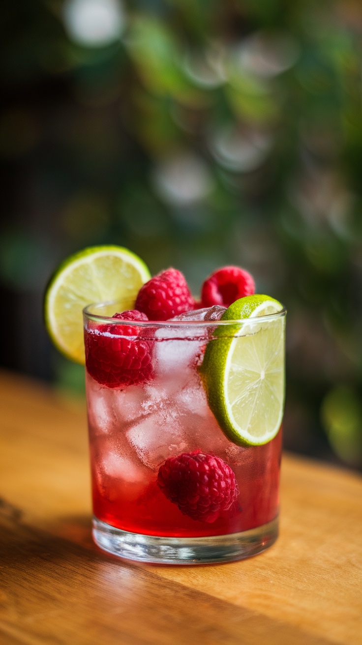 A refreshing Raspberry Lime Rickey cocktail with raspberries and lime slices.