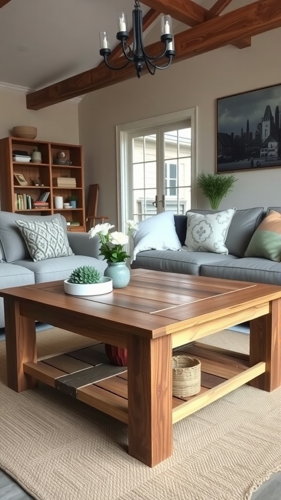 A rustic coffee table made from reclaimed wood, featuring a spacious top and a lower shelf, set in a cozy living room with soft furnishings.