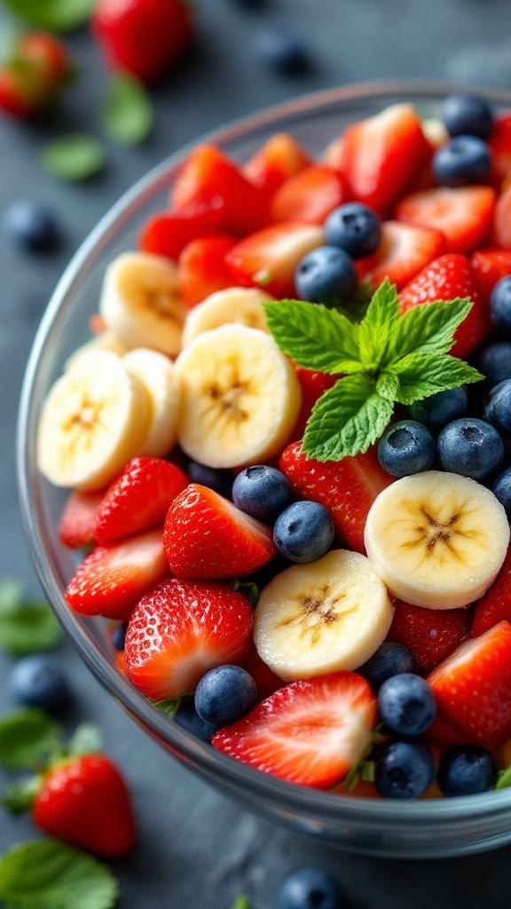 A colorful bowl of red, white, and blue fruit salad featuring strawberries, bananas, and blueberries.