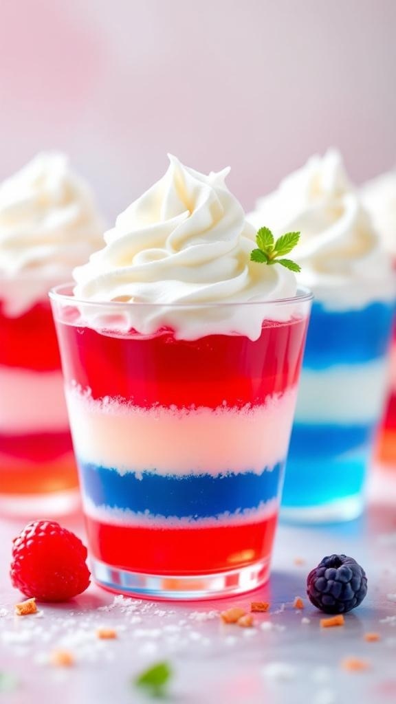 Colorful layered jello cups in red, white, and blue with whipped cream on top.