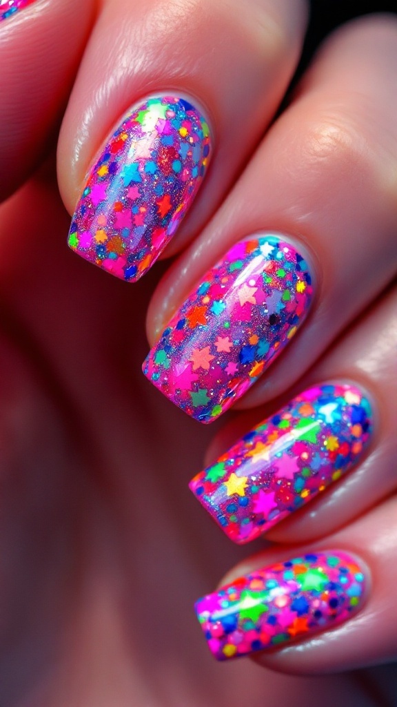 A colorful illustration of long, glittery nails with different patterns and a vibrant pink background.