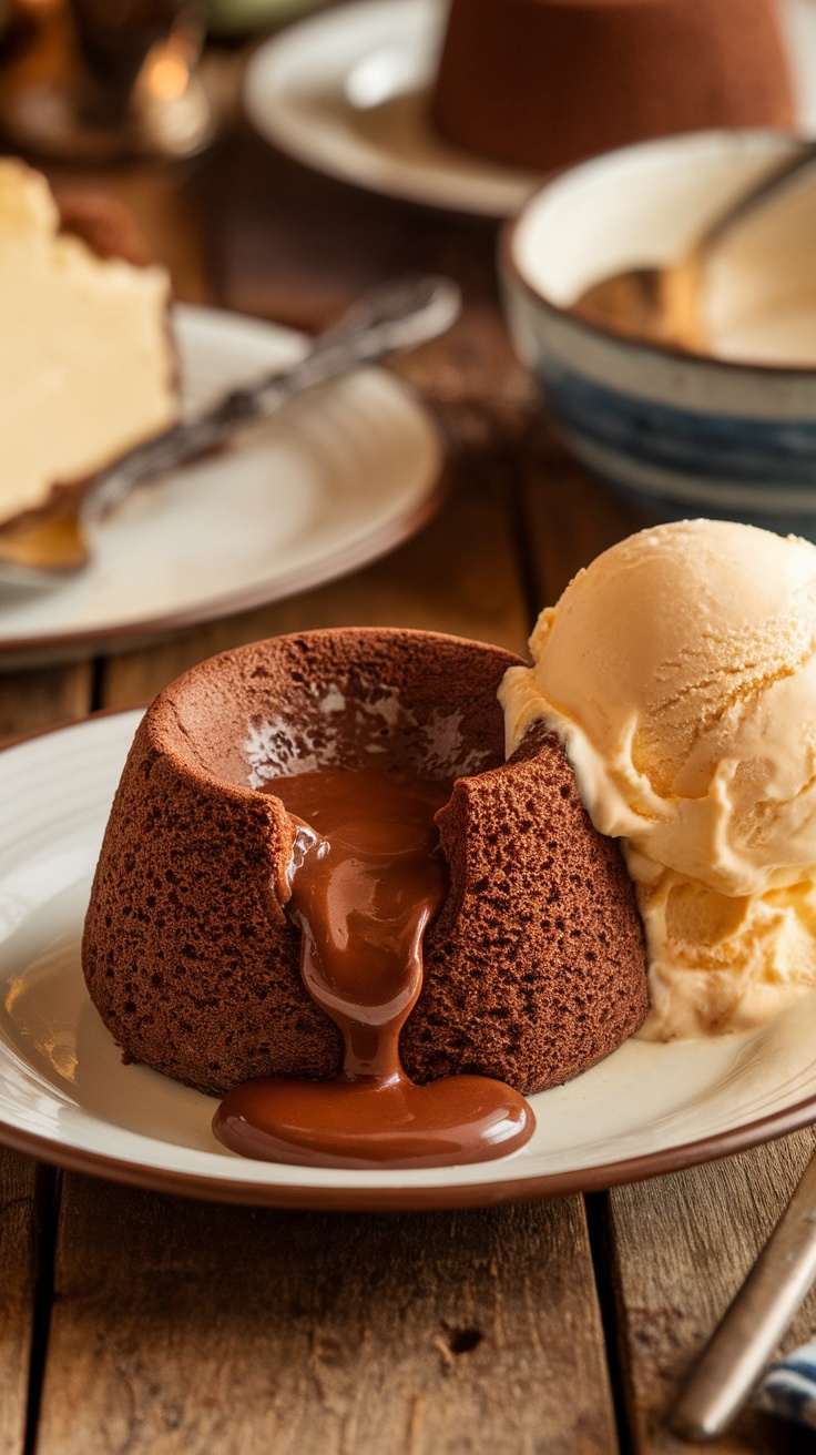 A rich chocolate lava cake with a molten center served with a scoop of ice cream.