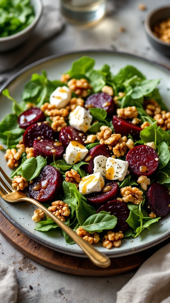 A delicious roasted beet and goat cheese salad with walnuts and greens.