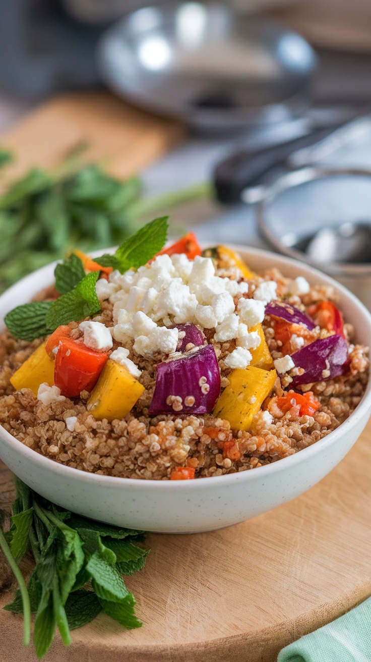 A colorful bowl of roasted vegetable quinoa topped with feta cheese and fresh herbs.