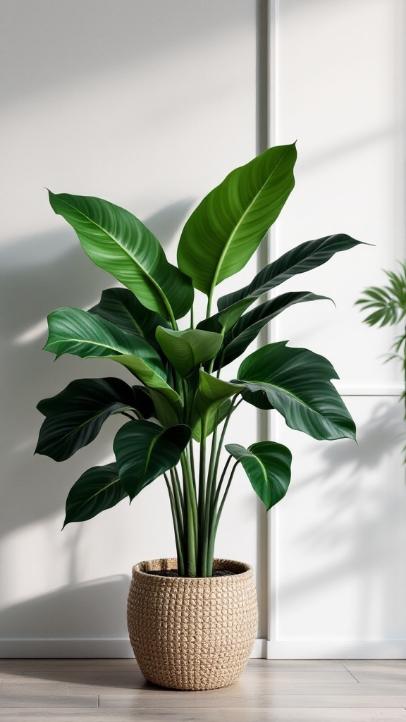 A healthy rubber plant with large green leaves in a woven pot, bringing a touch of nature indoors