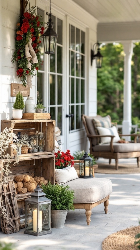 A rustic porch with wooden shelves, vibrant flowers, lanterns, and cozy seating
