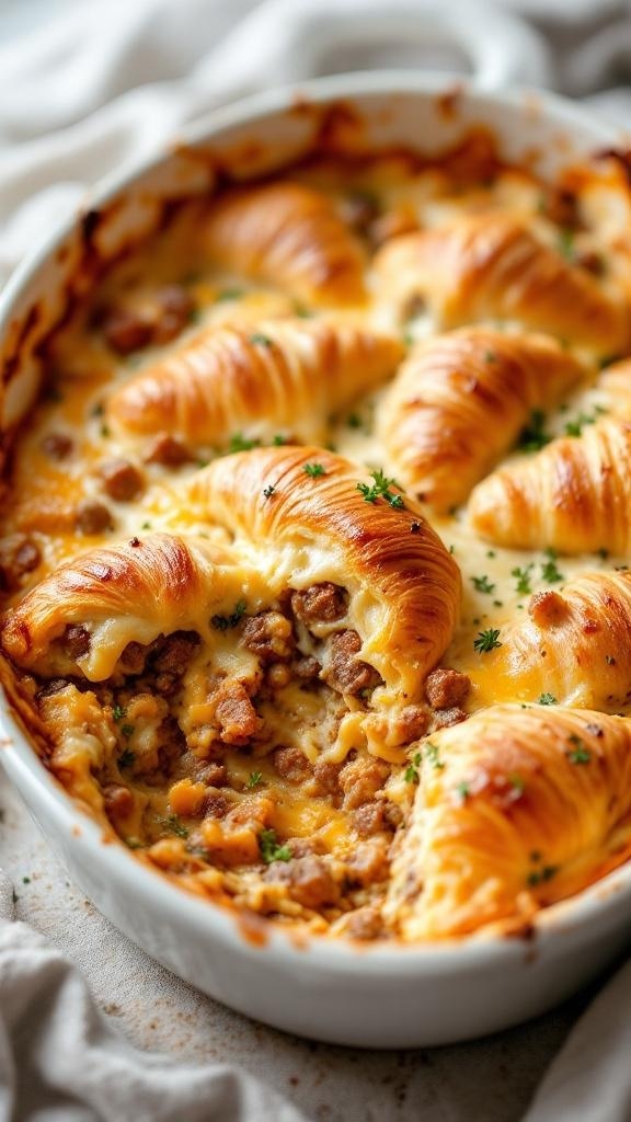 A delicious Sausage & Cheese Croissant Casserole topped with parsley in a baking dish.