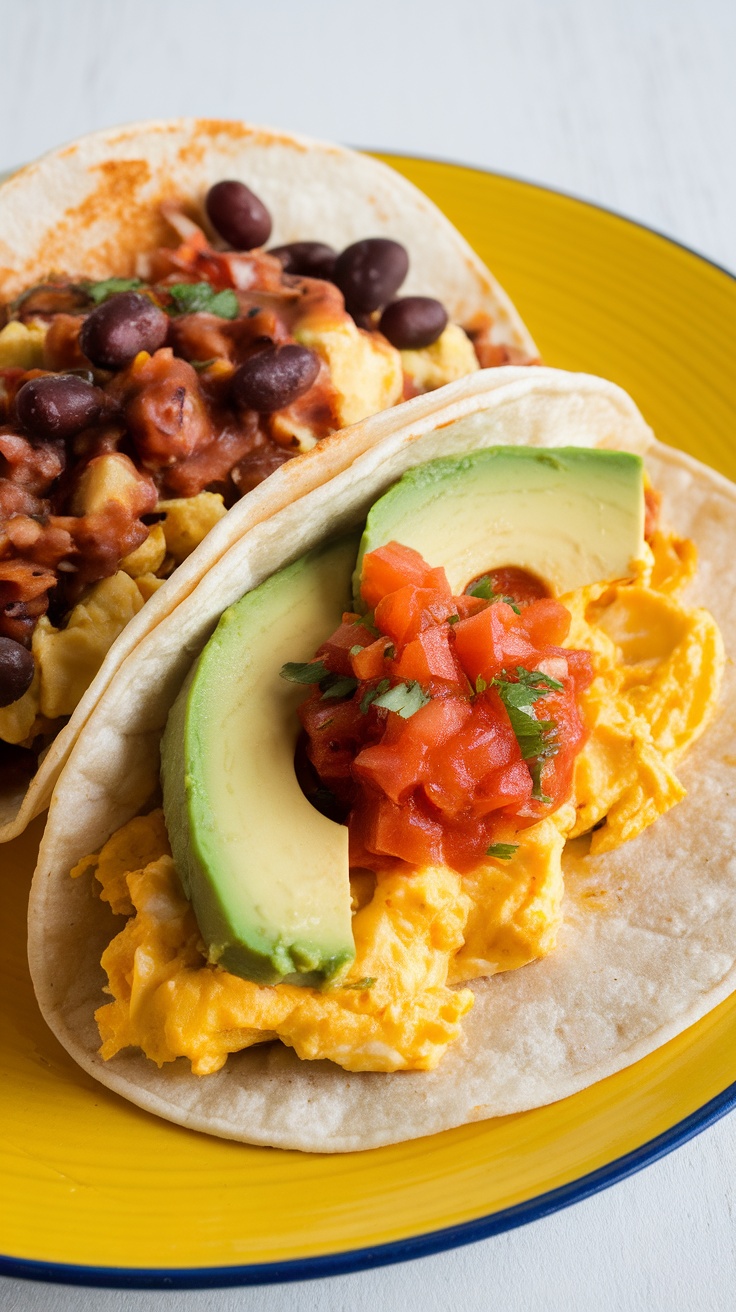 Delicious savory breakfast tacos with avocado and salsa