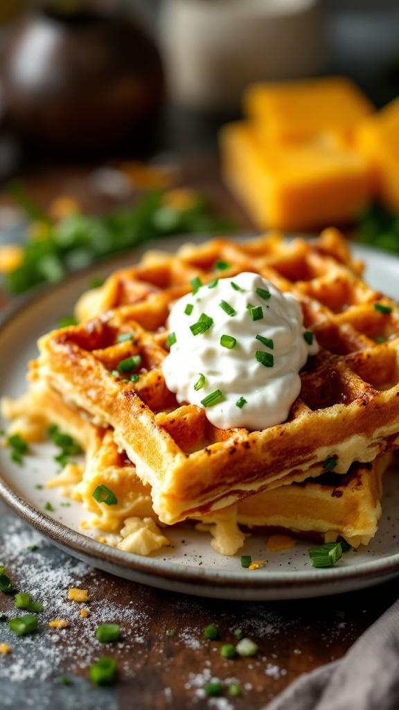 Savory breakfast waffles topped with sour cream and chives
