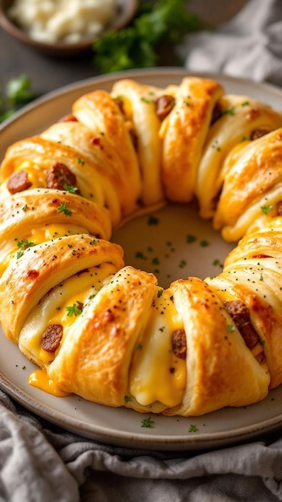 Savory Crescent Roll Breakfast Ring with Sausage featuring cheese and an egg in the center