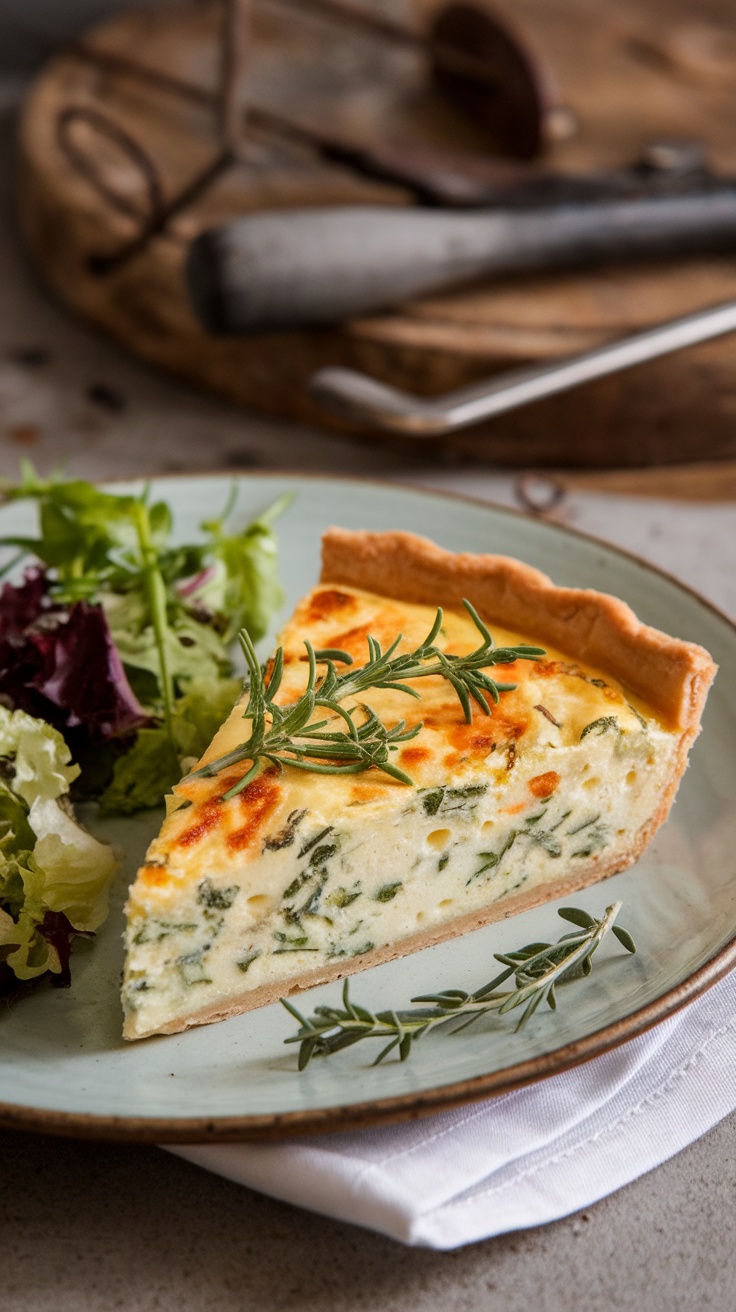 Slice of Savory Herb and Cheese Quiche on a plate with a side salad.