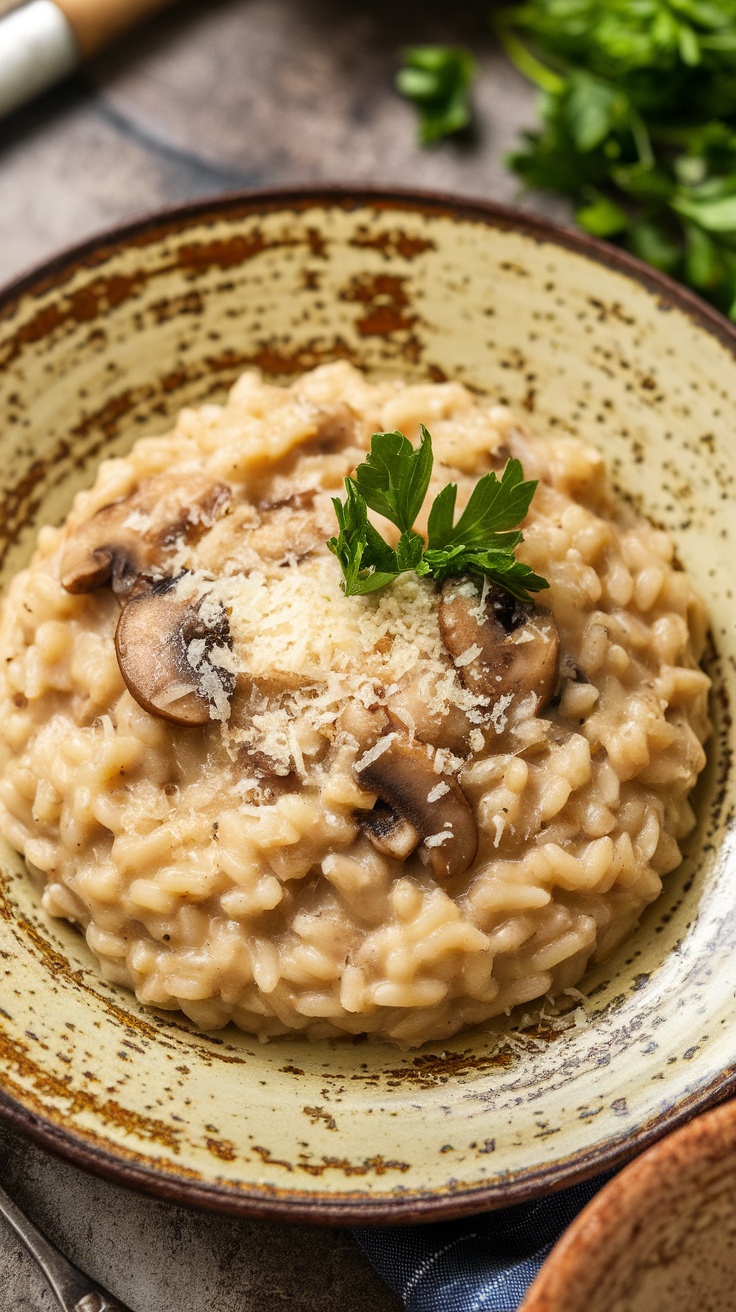 A bowl of creamy mushroom risotto topped with grated Parmesan and parsley.