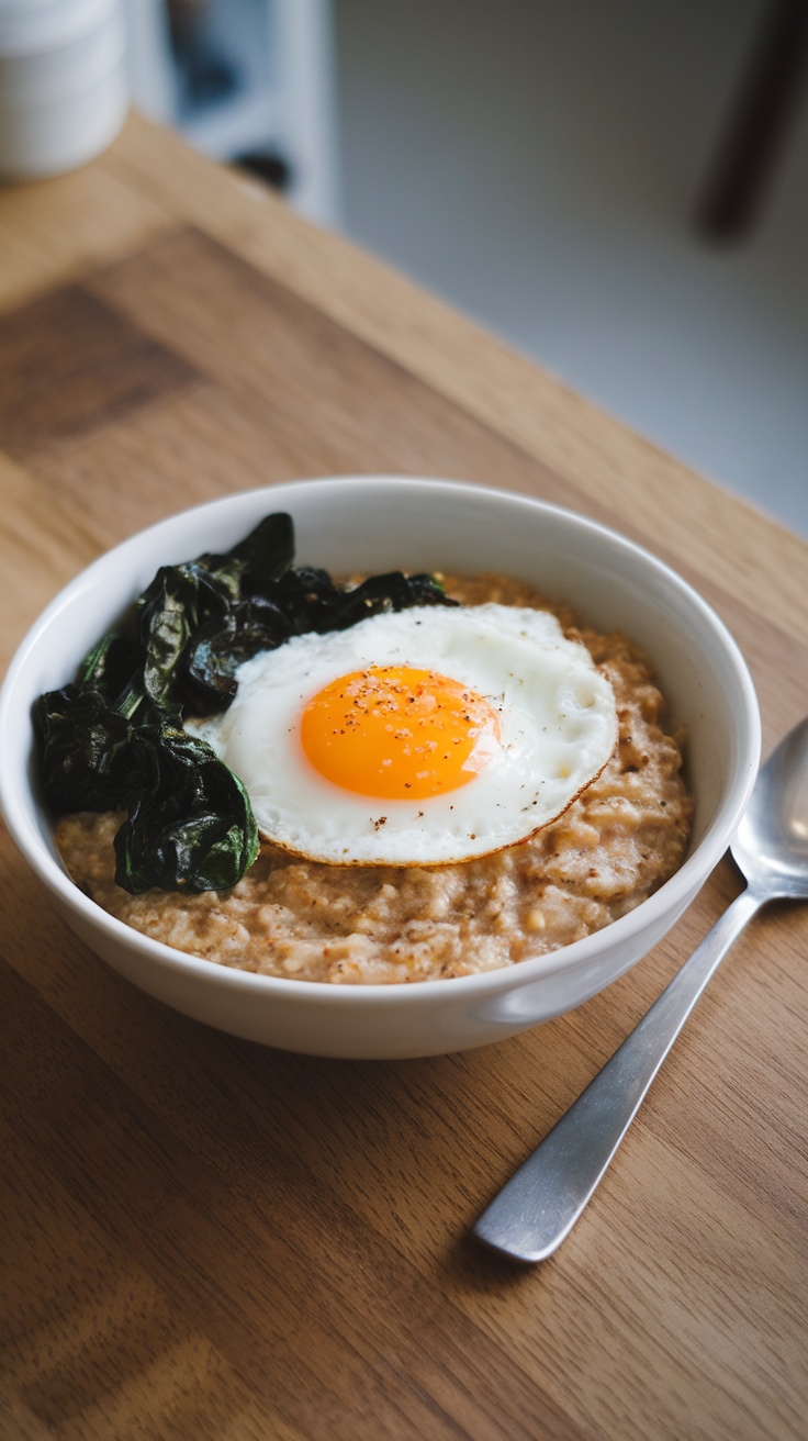 A bowl of savory oatmeal topped with spinach and a fried egg, served on a wooden table.