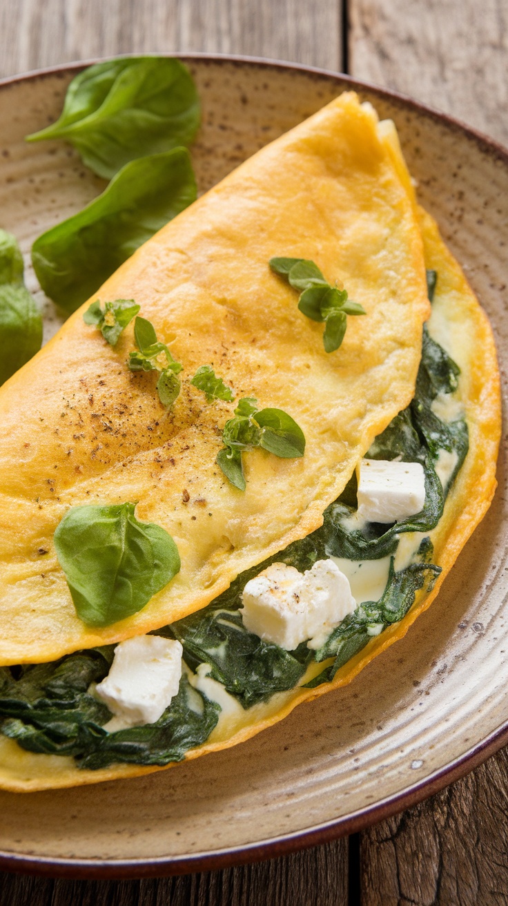 Savory spinach and feta omelette on a plate with herbs