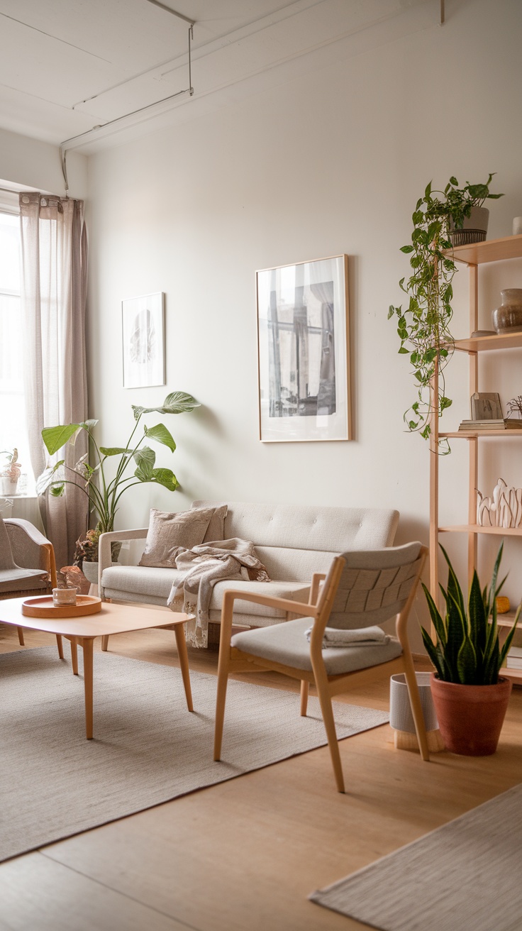 A cozy Scandinavian living room featuring a light sofa, wooden furniture, plants, and neutral colors.
