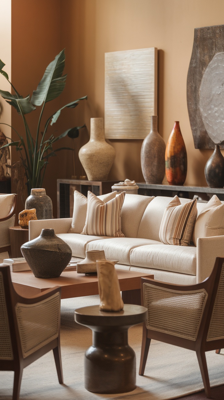 A stylish living room featuring sculptural decor elements with vases, cushions, and a wooden coffee table.
