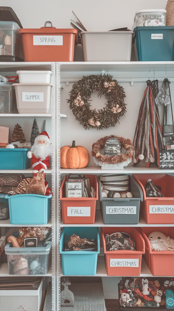 A neatly organized shelf with labeled bins for seasonal storage, displaying items for spring, summer, fall, and Christmas.
