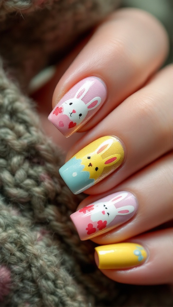 Two nails with bunny designs surrounded by spring flowers