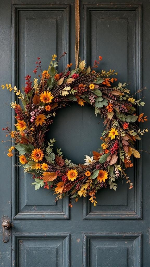 A colorful autumn wreath made of flowers and leaves hanging on a dark blue door.