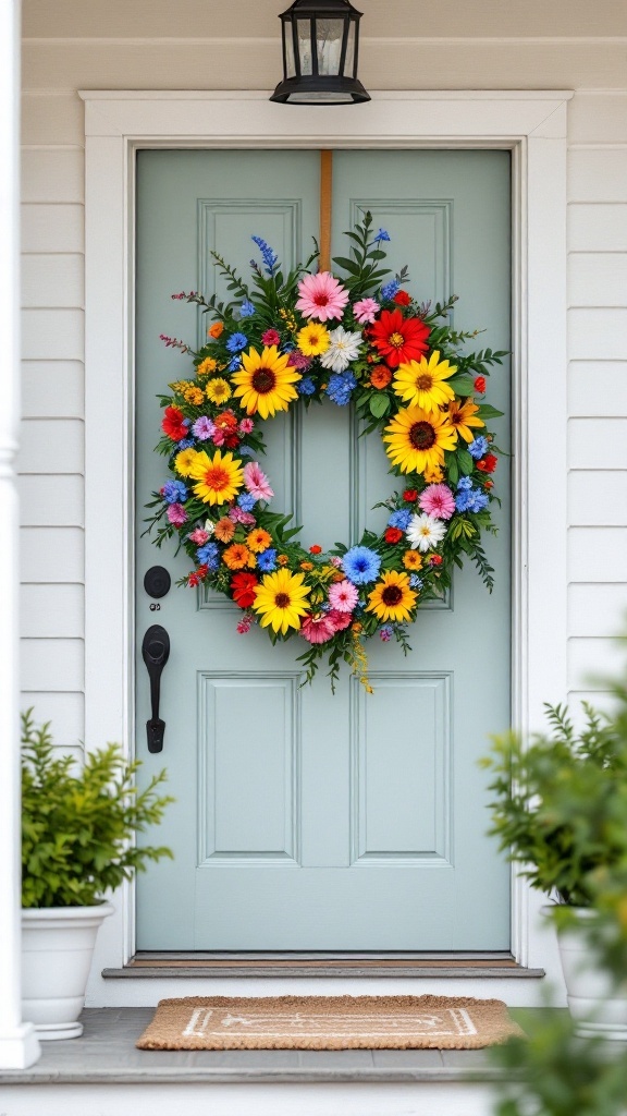 A colorful floral wreath with sunflowers and daisies on a blue front door