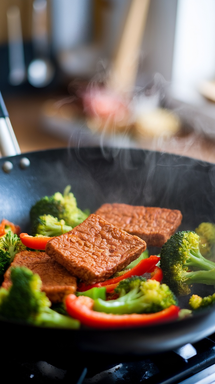 A stir-fry with seitan, broccoli, and red bell pepper in a pan.