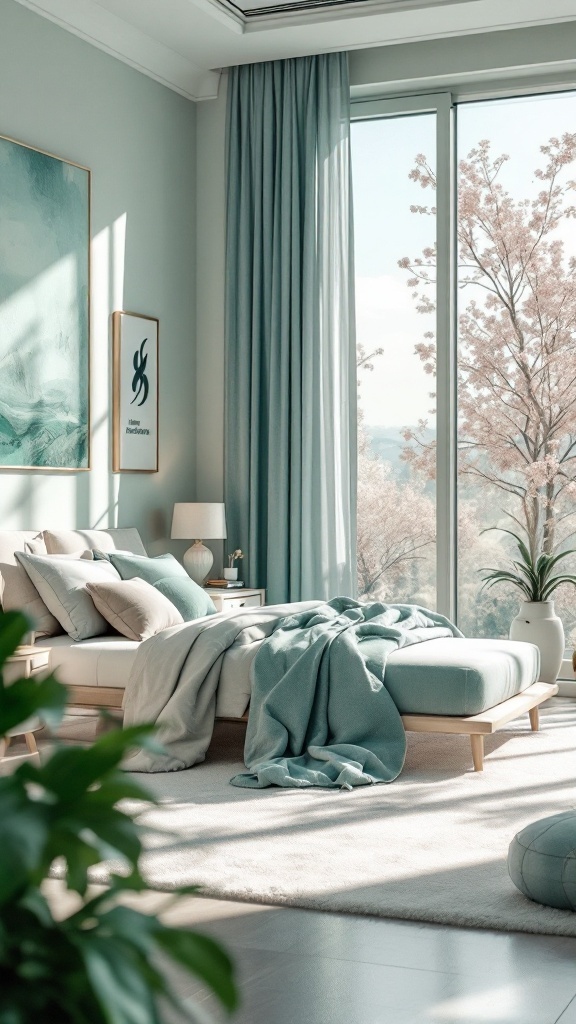 Modern luxury bedroom with serene color scheme featuring soft green and blue tones
