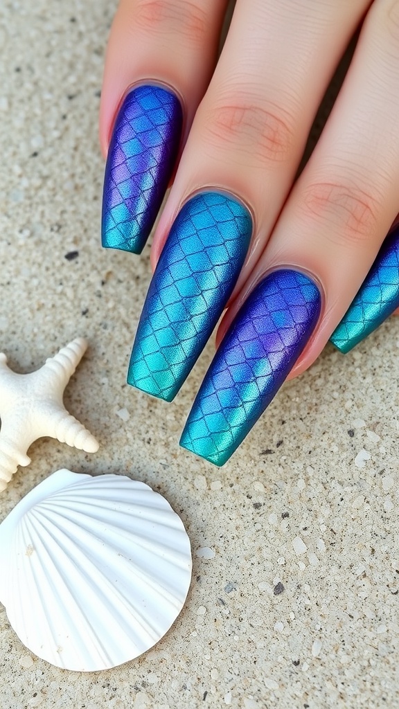 Nails painted in shimmering mermaid scales design featuring blue and purple colors on a sandy background.