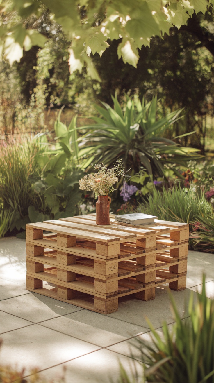 A stack of wooden pallets arranged in a sunny garden
