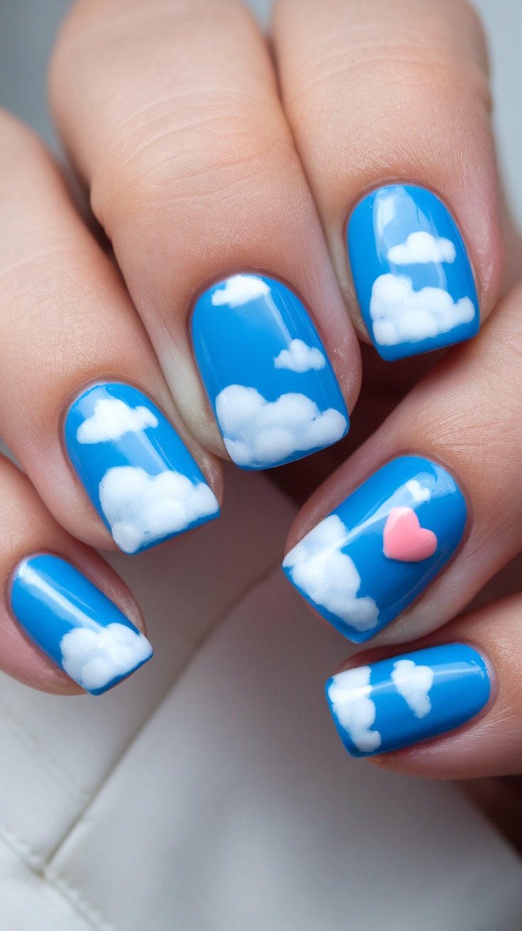 Nails painted sky blue with white clouds and a pink heart detail.