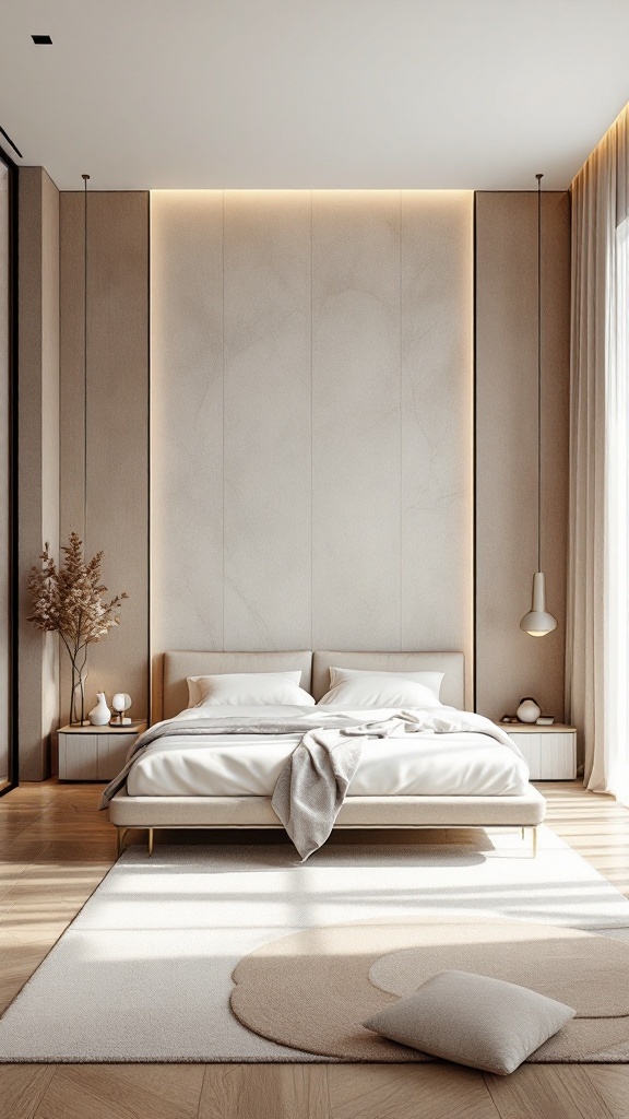 Minimalist bedroom design featuring a neutral color palette, soft textures, and elegant decor.