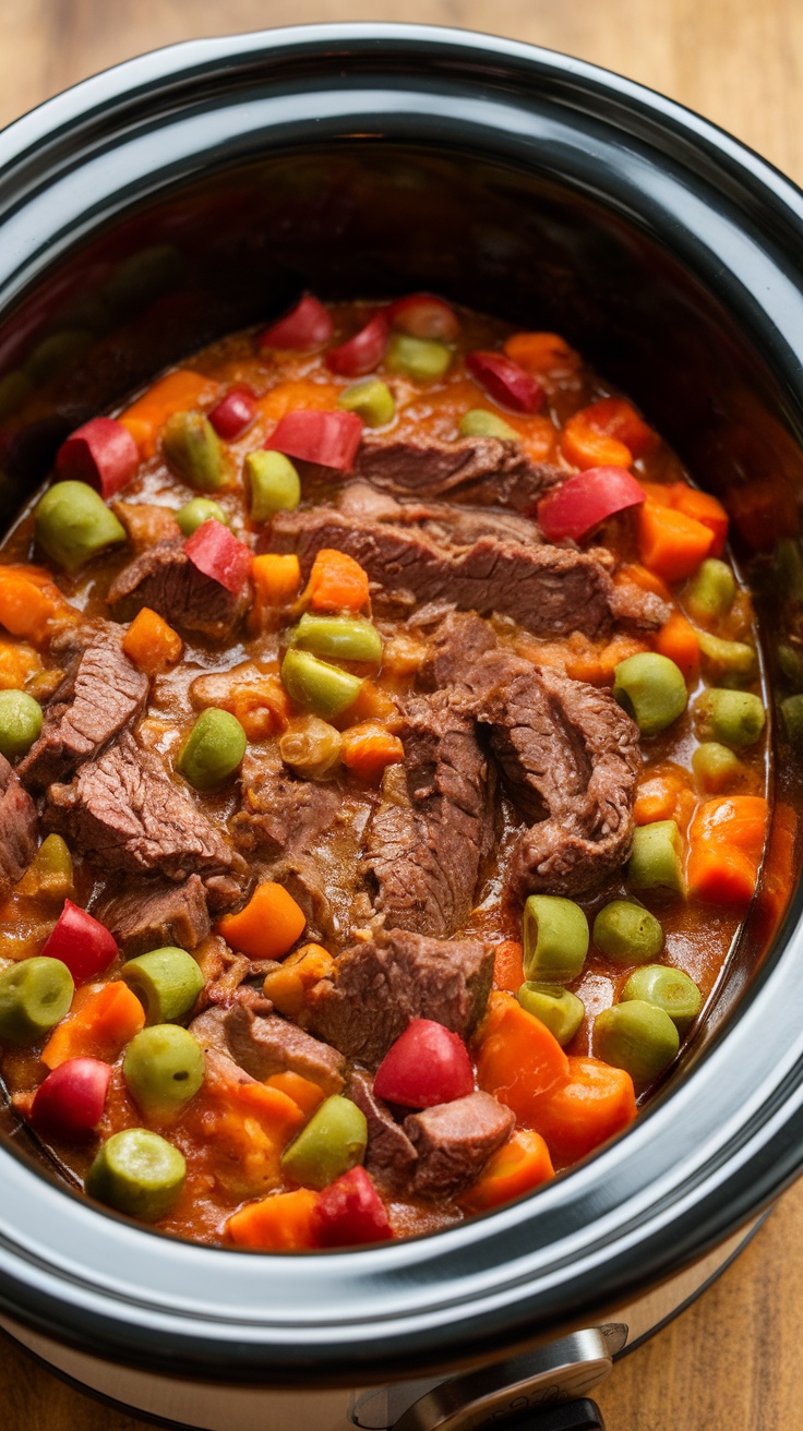 A slow cooker filled with beef and vegetables in a savory sauce.