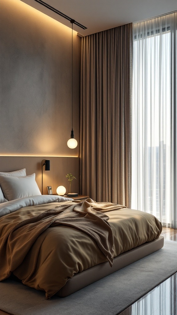 A modern luxury bedroom with soft neutral tones, smart lighting, and curtains
