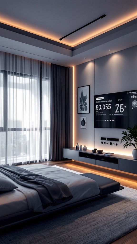 A modern luxury bedroom featuring smart home integration with a wall display for temperature and air quality.
