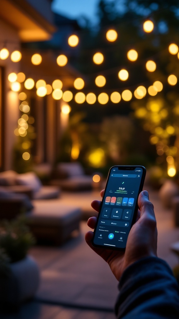 A person using a smartphone to control outdoor lighting with string lights in the background