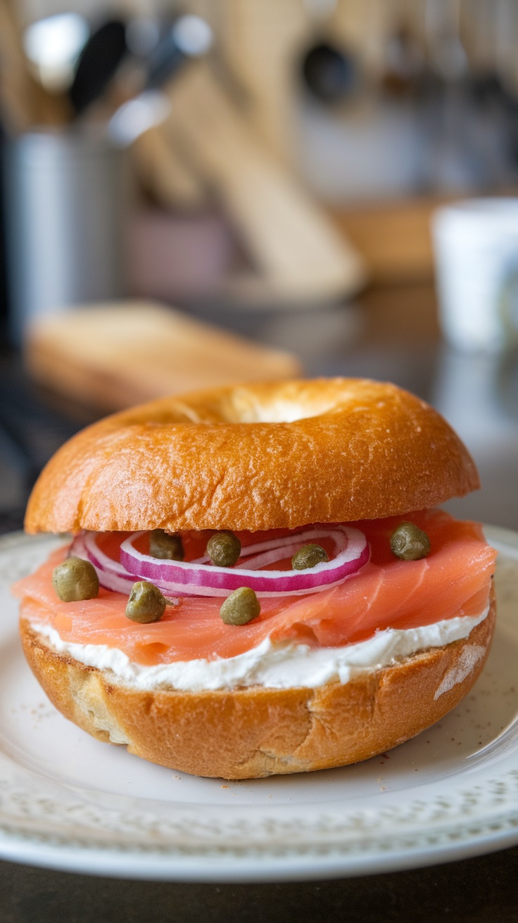 A smoked salmon bagel with cream cheese, capers, and red onion on a plate.
