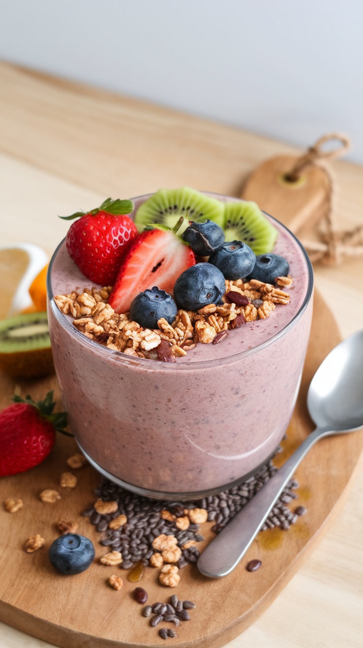 A delicious smoothie bowl topped with granola and fresh fruits, perfect for breakfast.