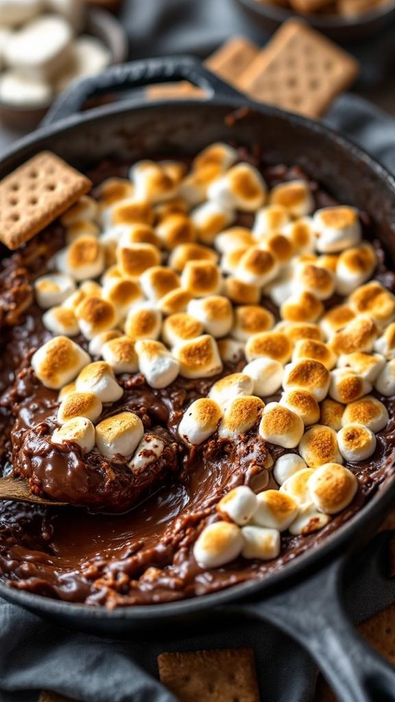 A delicious s'mores dip with melted chocolate and toasted marshmallows, served with graham crackers.
