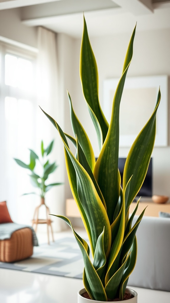 A Snake Plant in a white pot beside a couch, showcasing its tall, green leaves against a light wall.